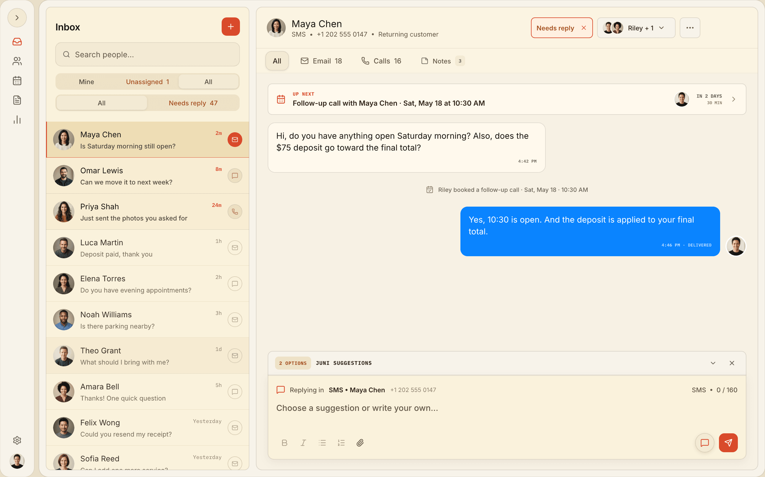 The Funal inbox showing one customer's messages, calls, and bookings in a single thread